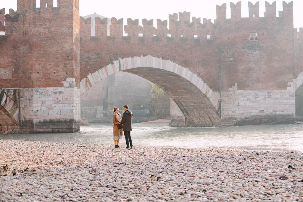 Wide view of marriage proposal location at Castelvecchio bridge in Verona